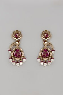 Gold Finish Kundan Polki & Red Stone Dangler Earrings