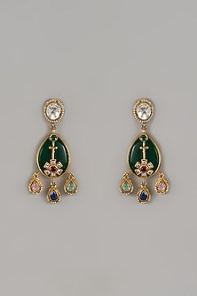 Gold Finish Kundan Polki & Green Stone Dangler Earrings