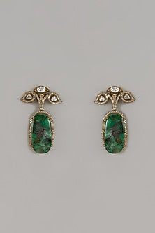 Gold Finish Kundan Polki & Green Stone Long Earrings