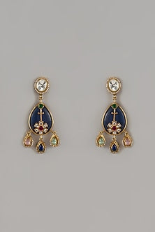 Gold Finish Kundan Polki & Navy Blue Stone Dangler Earrings