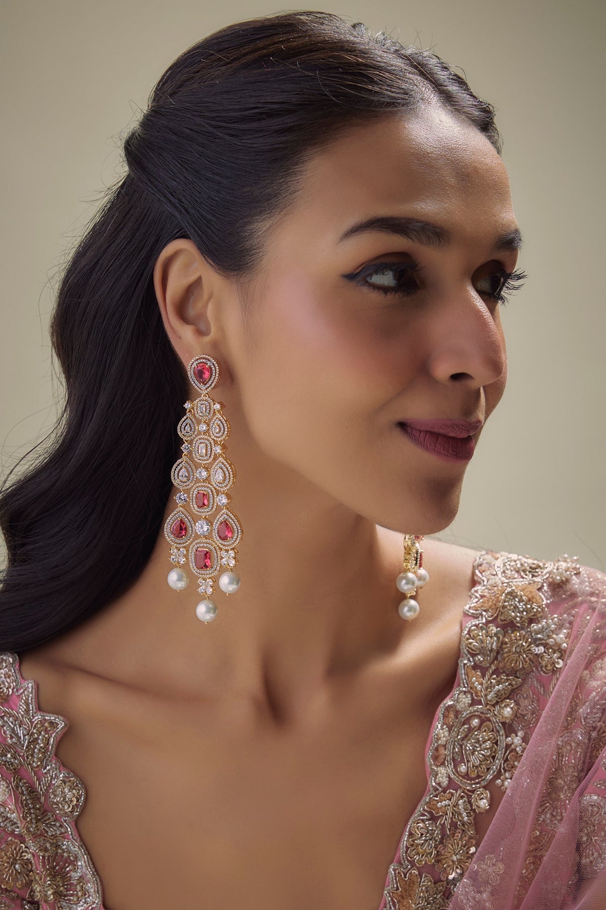 Gold Finish Zircon & Red Stone Dangler Earrings