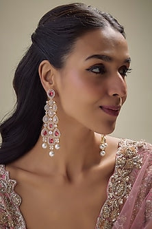 Gold Finish Zircon & Red Stone Dangler Earrings