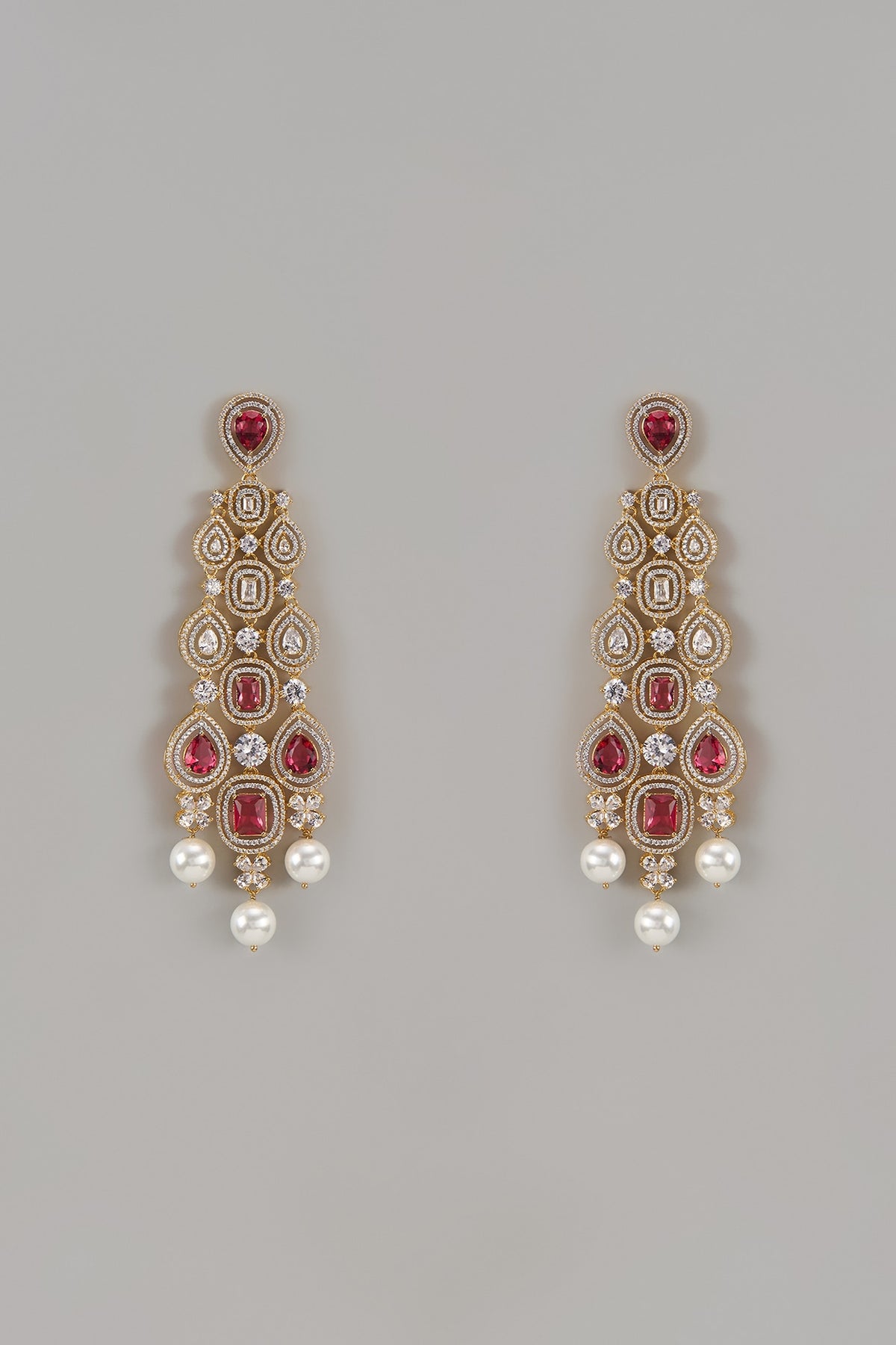 Gold Finish Zircon & Red Stone Dangler Earrings