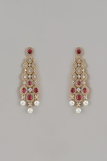 Gold Finish Zircon & Red Stone Dangler Earrings