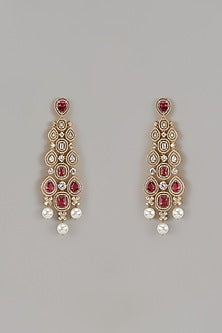 Gold Finish Zircon & Red Stone Dangler Earrings