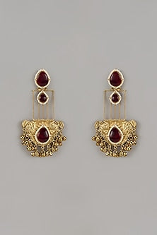 Gold Finish Red Stone Temple Dangler Earrings