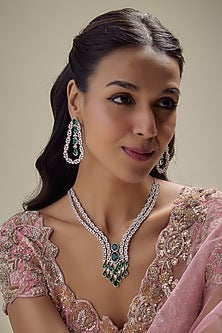 White Finish Zircon & Green Stone Necklace Set