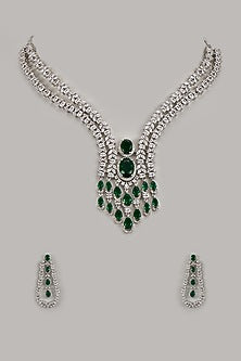 White Finish Zircon & Green Stone Necklace Set
