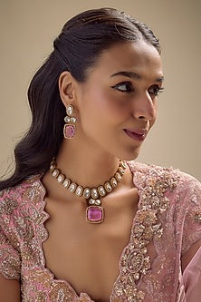 Gold Finish Kundan Polki & Pink Stone Long Necklace Set