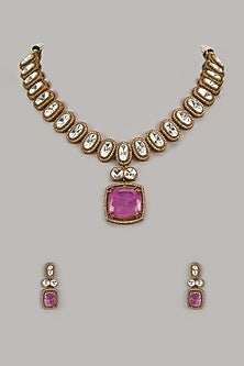 Gold Finish Kundan Polki & Pink Stone Long Necklace Set