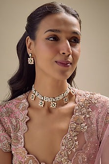Rose Gold Finish Moissanite Kundan Polki & Moti Choker Necklace Set