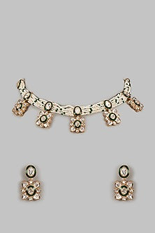 Rose Gold Finish Moissanite Kundan Polki & Moti Choker Necklace Set