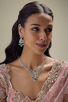 White Finish Zircon & Green Stone Necklace Set