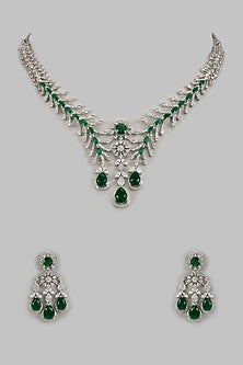 White Finish Zircon & Green Stone Necklace Set