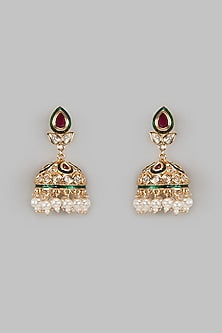 Gold Finish Kundan Polki Meenakari Jhumka Earrings
