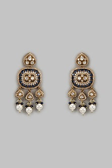 Gold Finish Kundan Polki & Pearl Drop Earrings