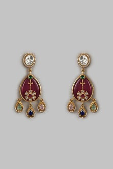 Gold Finish Kundan Polki & Red Stone Dangler Earrings