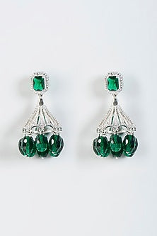 White Finish Green Stone Jhumka Earrings