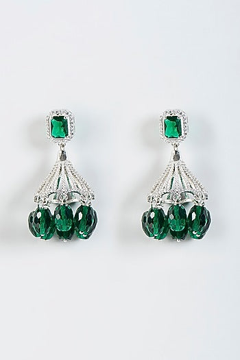 White Finish Green Stone Jhumka Earrings