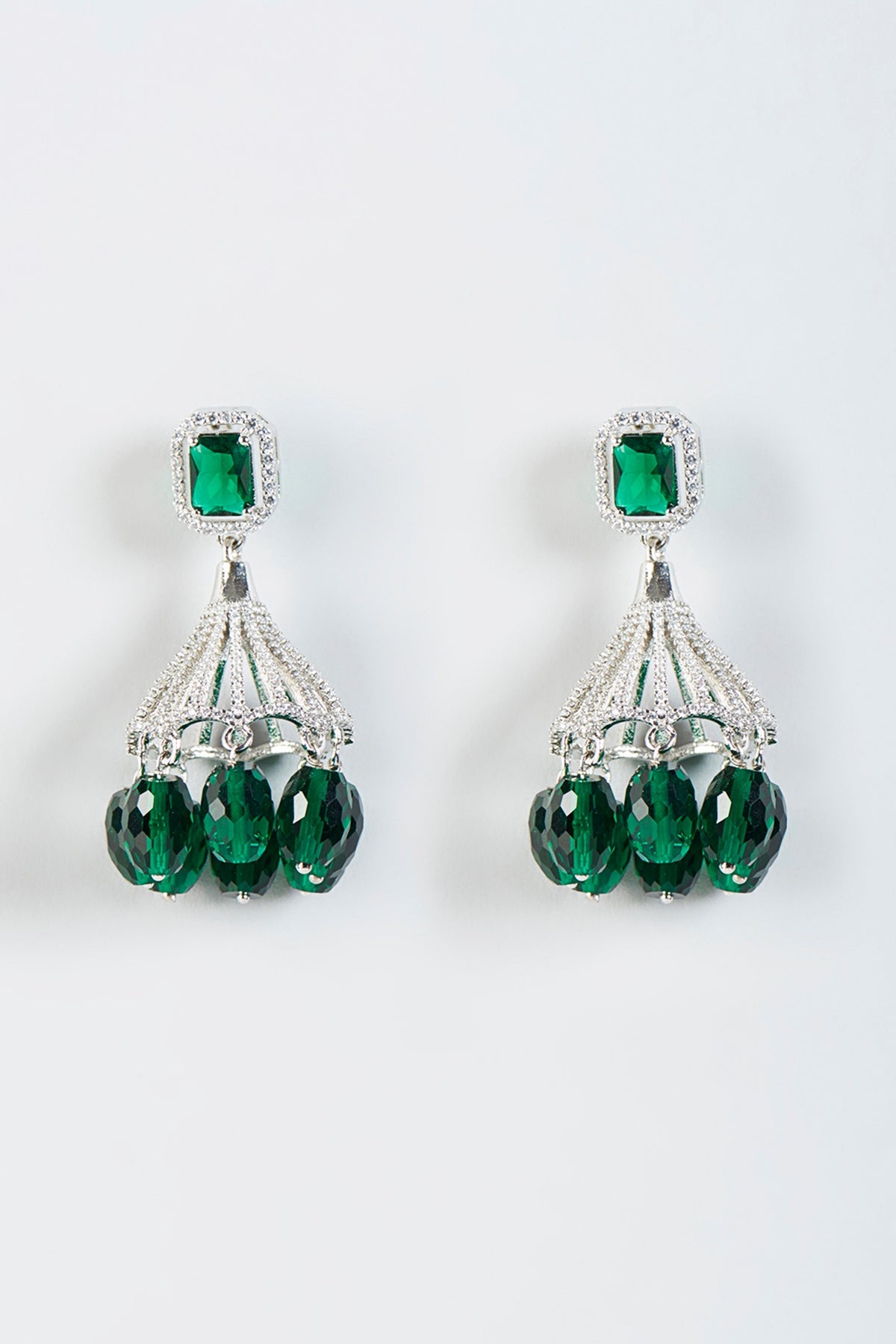 White Finish Green Stone Jhumka Earrings