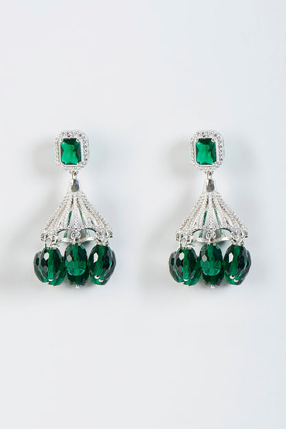 White Finish Green Stone Jhumka Earrings