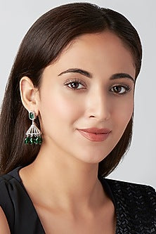White Finish Green Stone Jhumka Earrings