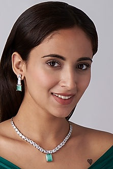 White Finish Necklace Set With Aqua Stones