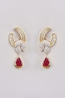 Gold Finish Zircon & Red Stone Dangler Earrings