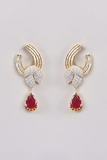 Gold Finish Zircon & Red Stone Dangler Earrings