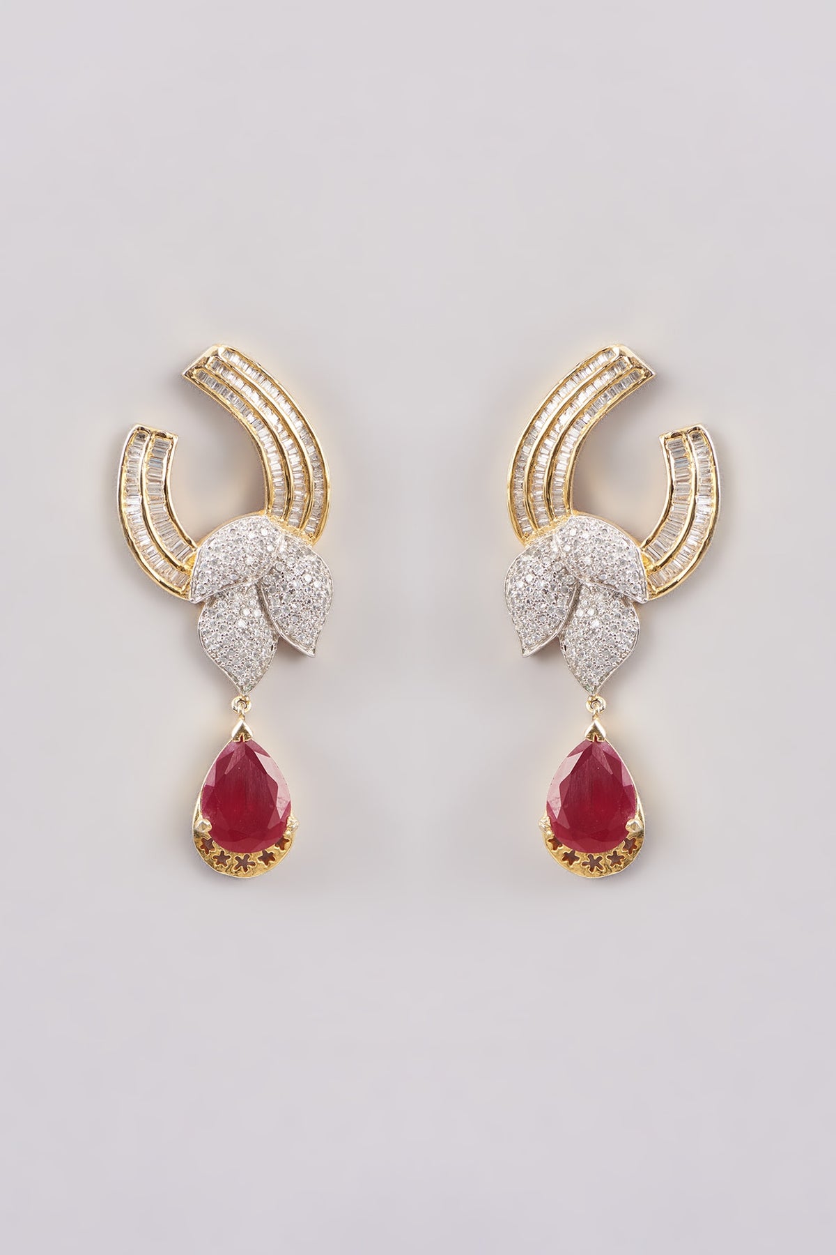 Gold Finish Zircon & Red Stone Dangler Earrings