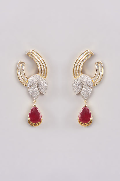 Gold Finish Zircon & Red Stone Dangler Earrings