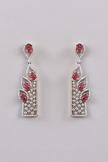 White Finish Zircon & Red Stone Dangler Earrings