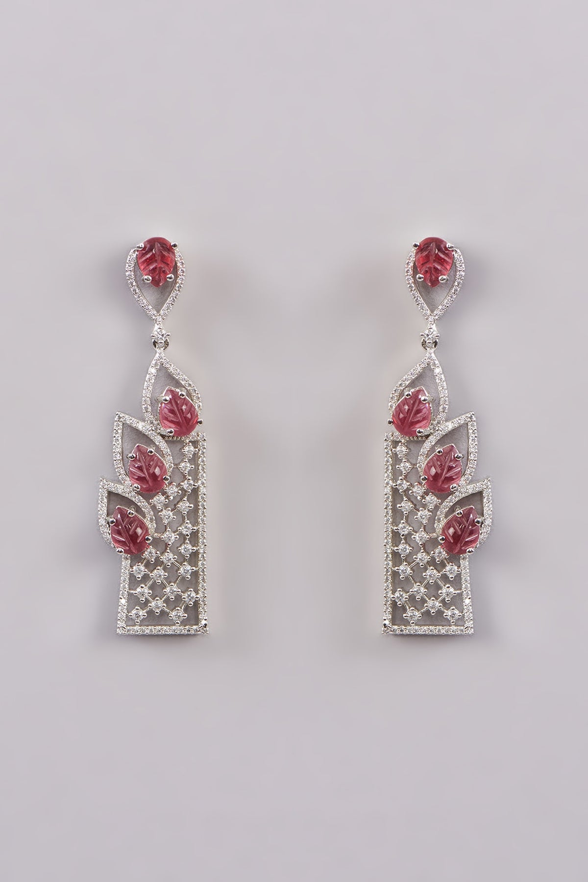 White Finish Zircon & Red Stone Dangler Earrings