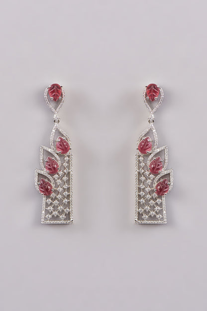White Finish Zircon & Red Stone Dangler Earrings
