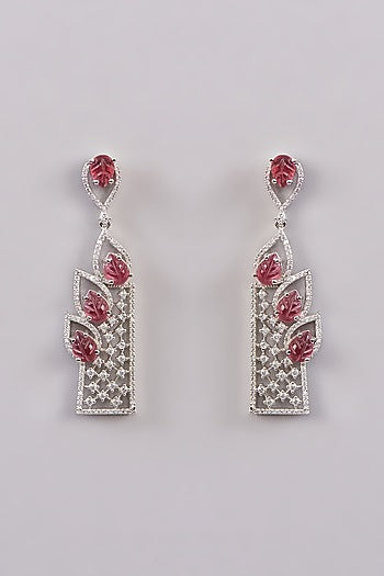 White Finish Zircon & Red Stone Dangler Earrings
