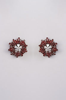 Black Rhodium Finish Red Stone & Zircon Stud Earrings