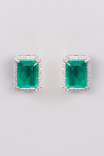 White Finish Zircon & Green Stone Stud Earrings
