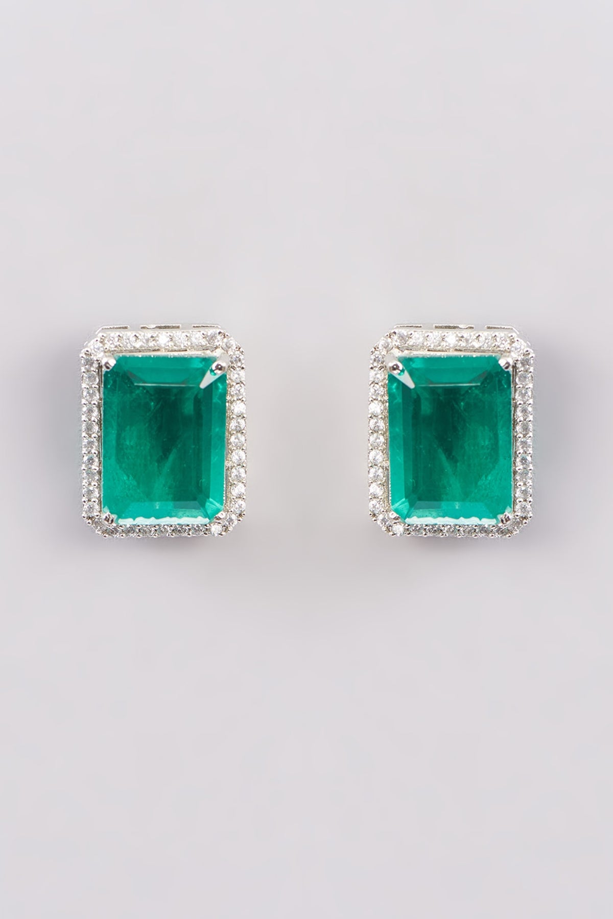 White Finish Zircon & Green Stone Stud Earrings