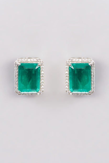White Finish Zircon & Green Stone Stud Earrings