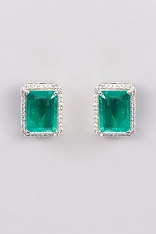 White Finish Zircon & Green Stone Stud Earrings