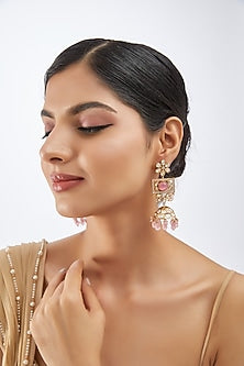 Rose Gold Finish Kundan Polki & Green Stone Dangler Earrings