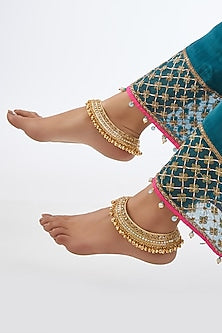 Gold Finish Kundan Polki Anklets (Set of 2)