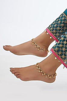 Gold Finish Kundan Polki Anklets (Set of 2)