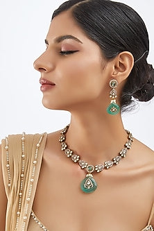 Black Rhodium Finish Zircon & Green Stone Necklace Set
