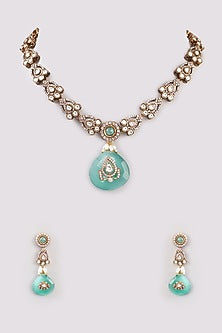 Black Rhodium Finish Zircon & Green Stone Necklace Set