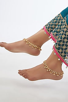 Gold Finish Kundan Polki Anklets (Set of 2)