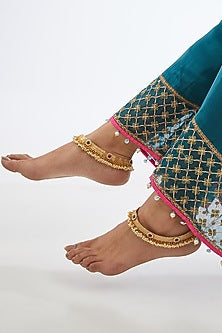 Gold Finish Red & Green Stone Anklets (Set of 2)