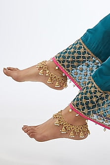 Gold Finish Kundan Polki Anklets (Set of 2)