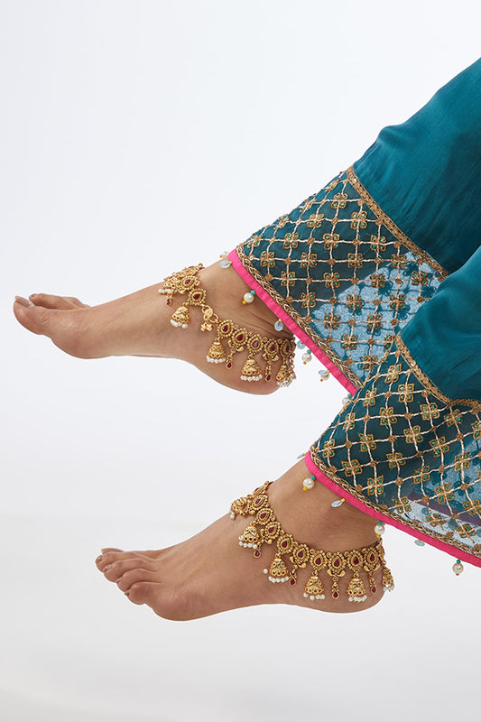 Gold Finish Kundan Polki Anklets (Set of 2)