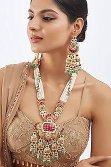 Gold Finish Kundan Polki & Pearl Long Necklace Set